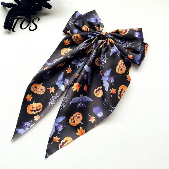 Halloween Hair Clip Silky Satin Bows for Women, Big Ribbon Bow Clips Girls, Hairstyle Accessory Oversized Long Tail Barrettes, Cute Ghost Bat