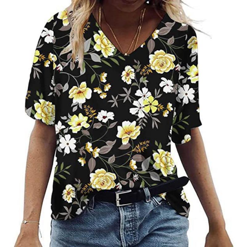 Summer V-neck 3D Feather Flower Printed Top Fashionable Casual Short Sleeved Women's T-shirts