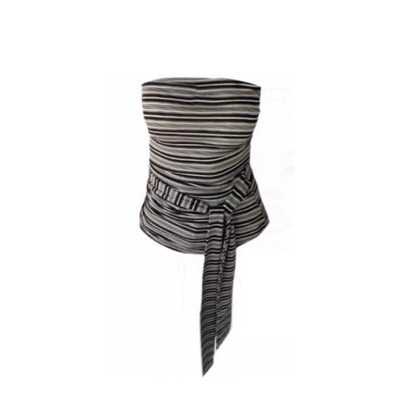 French retro contrasting striped tube top, sling vest for women's summer wear, slim-fitting off-the-shoulder waist strap, sleeveless top