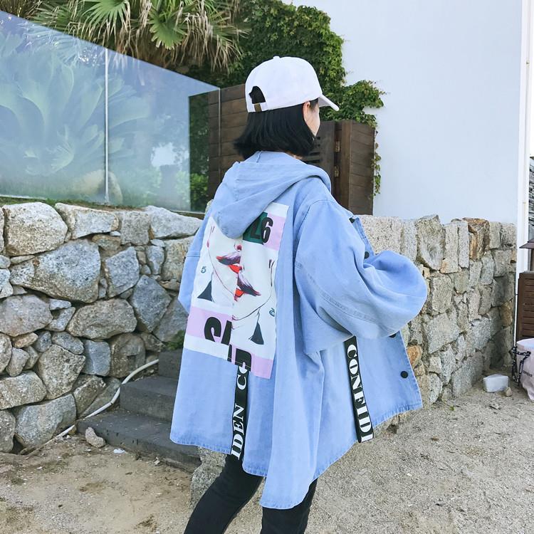 Lässige Jeansjacke für Damen, trendiger Print-Mantel im koreanischen Stil, lockere Kapuzenoberteile, Retro-Chic, kurze Jacken mit Clown-Print, Damenbekleidung