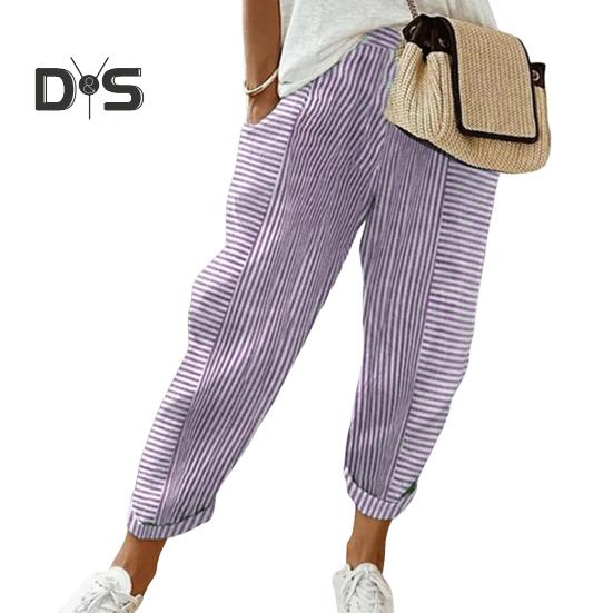 Damen Freizeithose Elastische Taille Mittelhohe Sommer-Jacquard-Lange Hose mit Taschen Streifenmuster Locker sitzende Hose