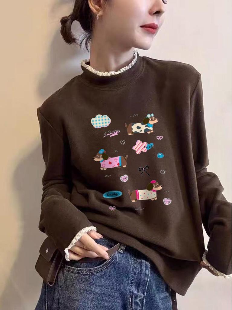 Lace Collar Cartoon Print Velvet T-Shirt: 2025 Autumn/Winter, Plus Size, Half-High Collar, Long Sleeve, Women's Trendy Style