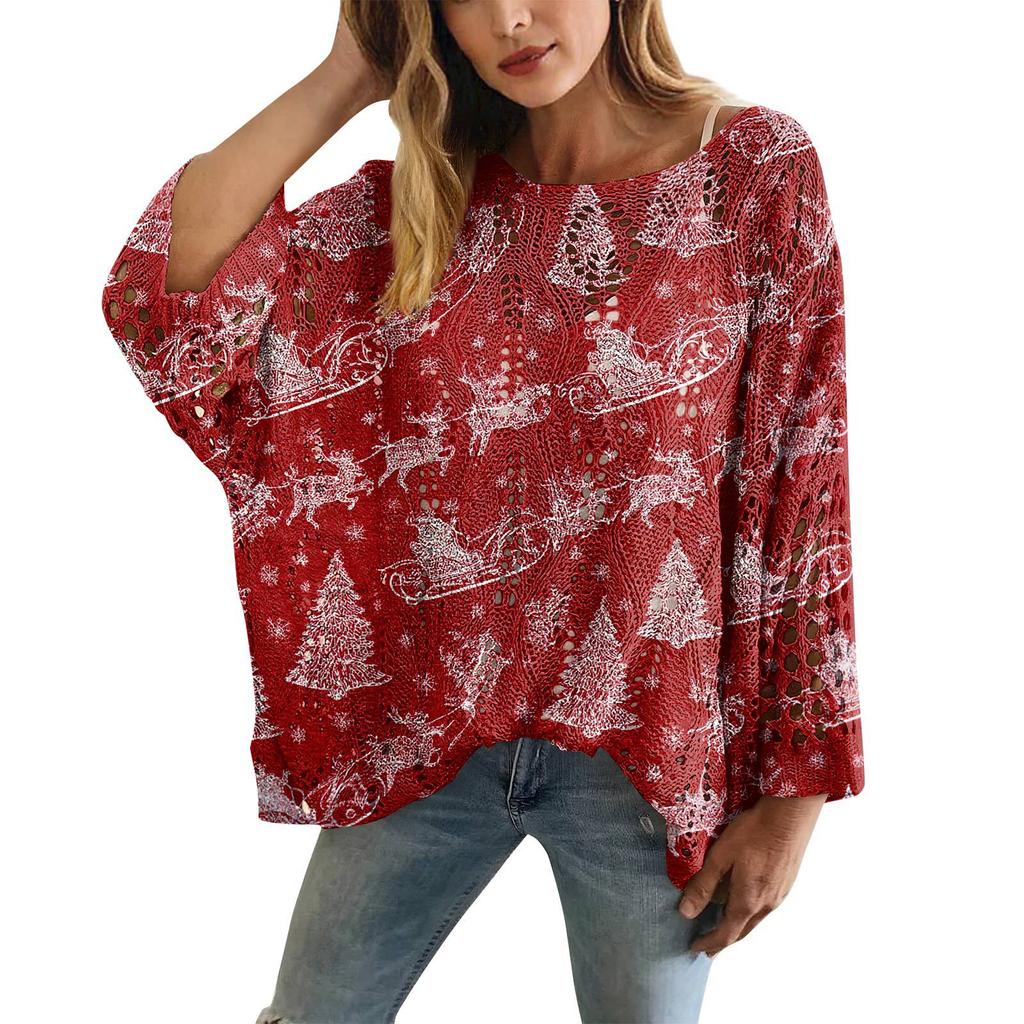 XY-LK01-Pullover hollow blouse 3D printed sweater spring and summer new