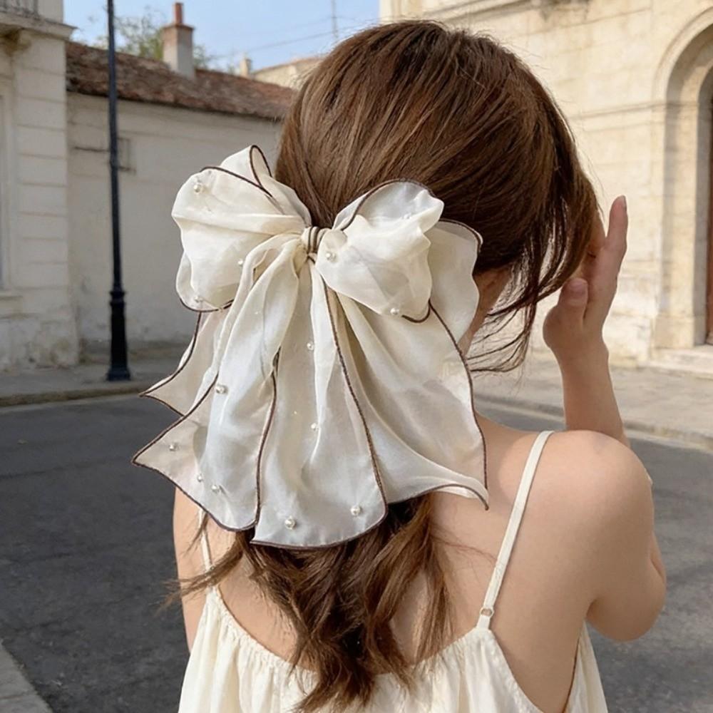 Pearl Decor Bow Hair Clip Sweet Ponytail Holder Fairy Style Sheer Organza Spring Clip Party