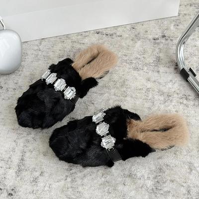 Fashion Fur Women Crystal Slippers Flats Slingback Luxury Cotton Shoes Winter Casual Woman 2024 Trend New Home Cozy Mujer Zapatillas