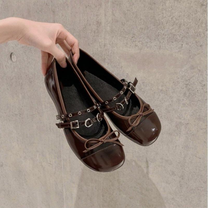 Women's Flat Shoes Fall New Square Head Shallow Mouth Butterfly Knot Rivet Soft Sole Non-slip Low Top Single Shoes