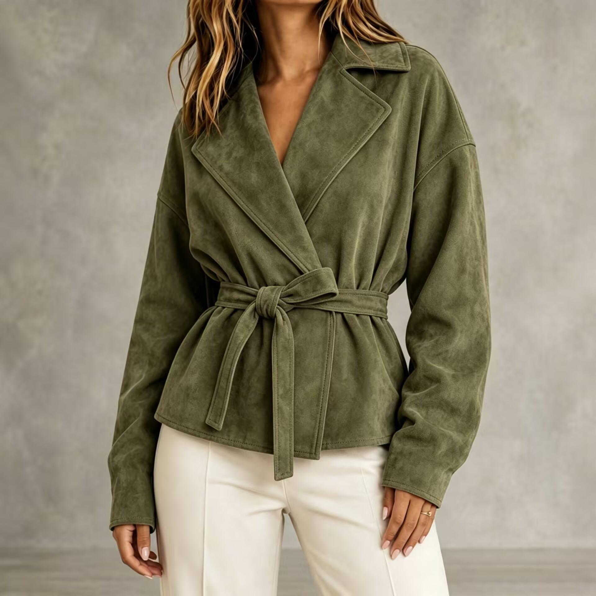 Women s Faux Jacket with Lapel Collar and Belted Waist for Casual Everyday Wear L
