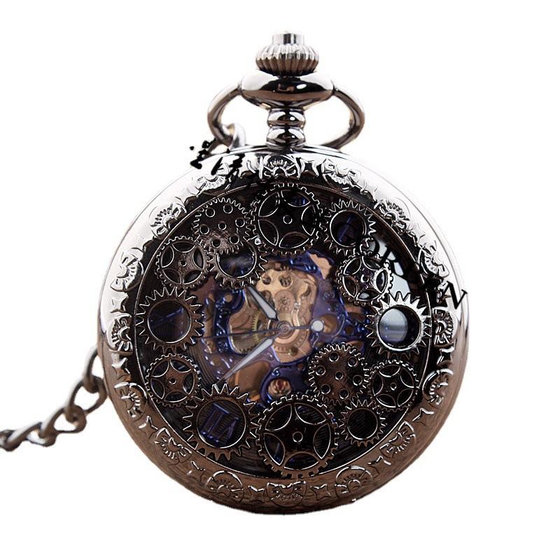 Gear Gun Black Mechanical Pocket Watch Vintage Clamshell Hollow Necklace Pocket Watch for Men and Women