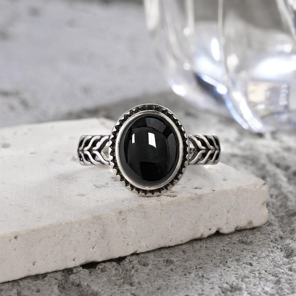 Vintage 925 Sterling Copper Ring Natural Black Onyx Ring Oval Round Stone Retro Fine Zircon Gift Sun Shaped For Women Men