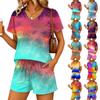 Damen Freizeit Zweiteiler V-Ausschnitt Kurzarm Top und Shorts mit Kordelzug Gradientenprint Leichtes Lounge-Outfit