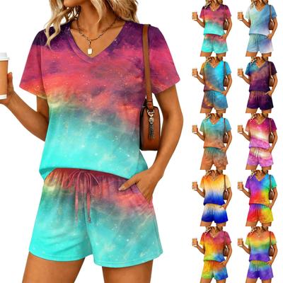 Women's Casual Two Piece Set V Neck Short Sleeve Top and Drawstring Waist Shorts Gradient Print Lightweight Lounge Outfit