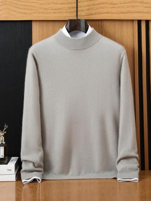 Men's 100% Cashmere Double-Layer Half-High Collar Solid Color Pullover Sweater, Plus Size, Long Sleeve Knit Top for Autumn and Winter.
