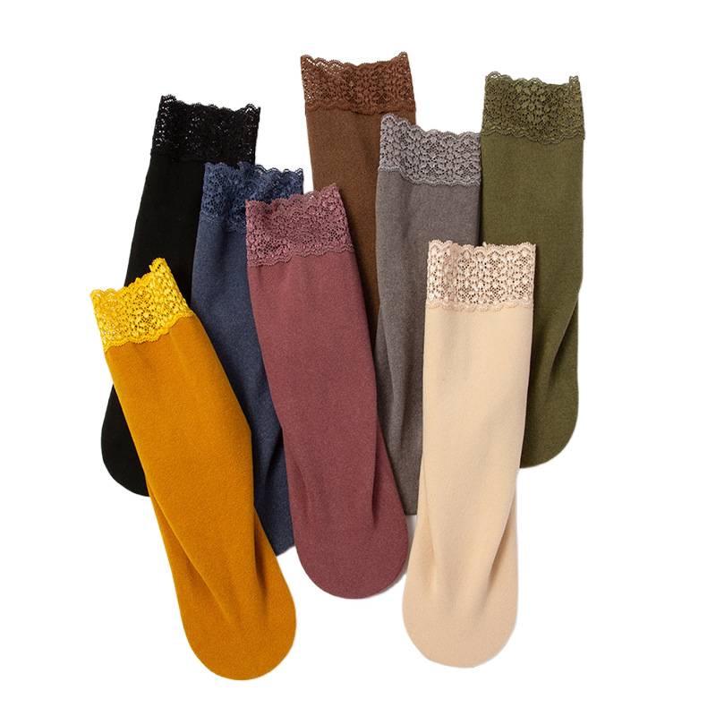Women's Non-Slip Thermal Velvet Lace Trim Mid-Calf Socks - Cold-Resistant, Thickened Cotton for Autumn and Winter