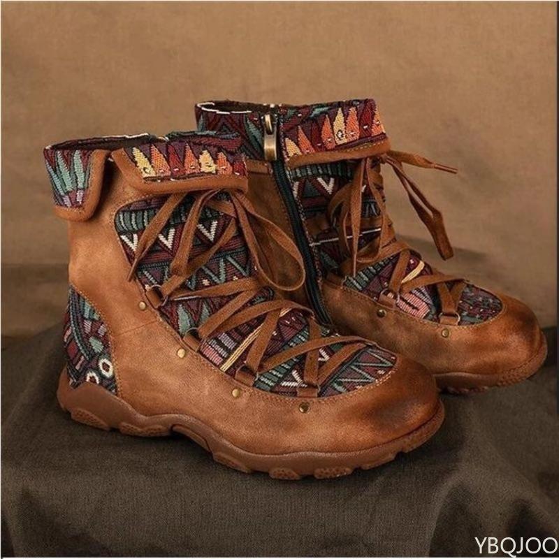 Fashion Women's new flat bottomed short boots with tie up ethnic style simple comfortable versatile daily casual women's boots