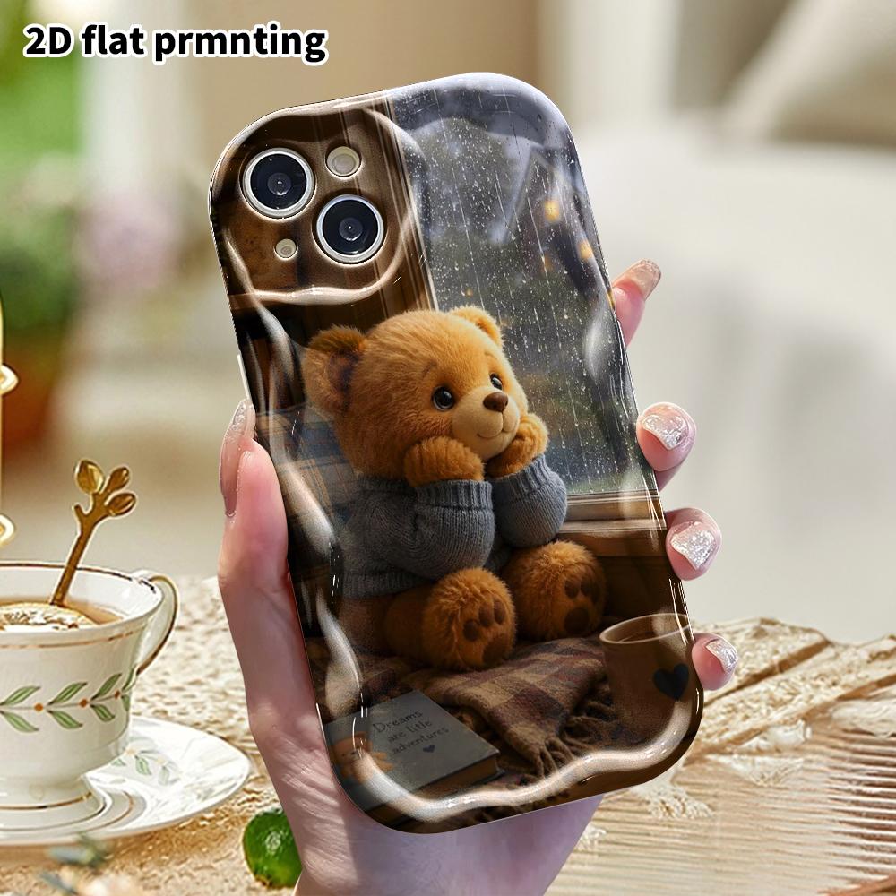 Phone Case: 2D Flat Design Suitable for iPhone 18 17 16 15 14 13 Pro Protective Case, Little Bear by the Rainy Window, Perfect Gift for Christmas and 