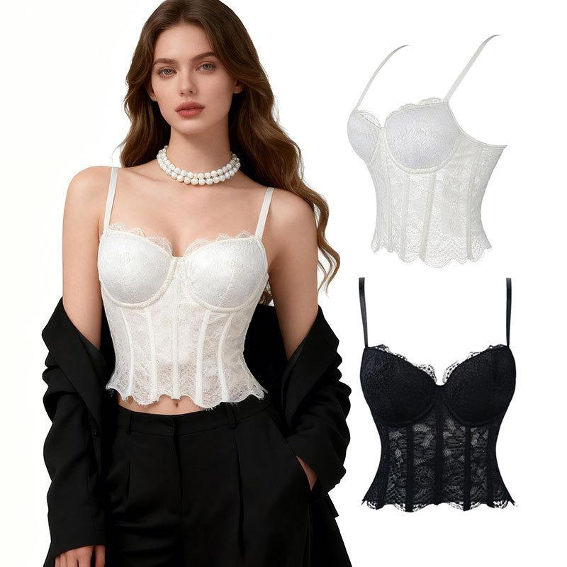 Top Bustier Corsetto Shapewear Bianco Rete Pizzo Steccato con Spalline