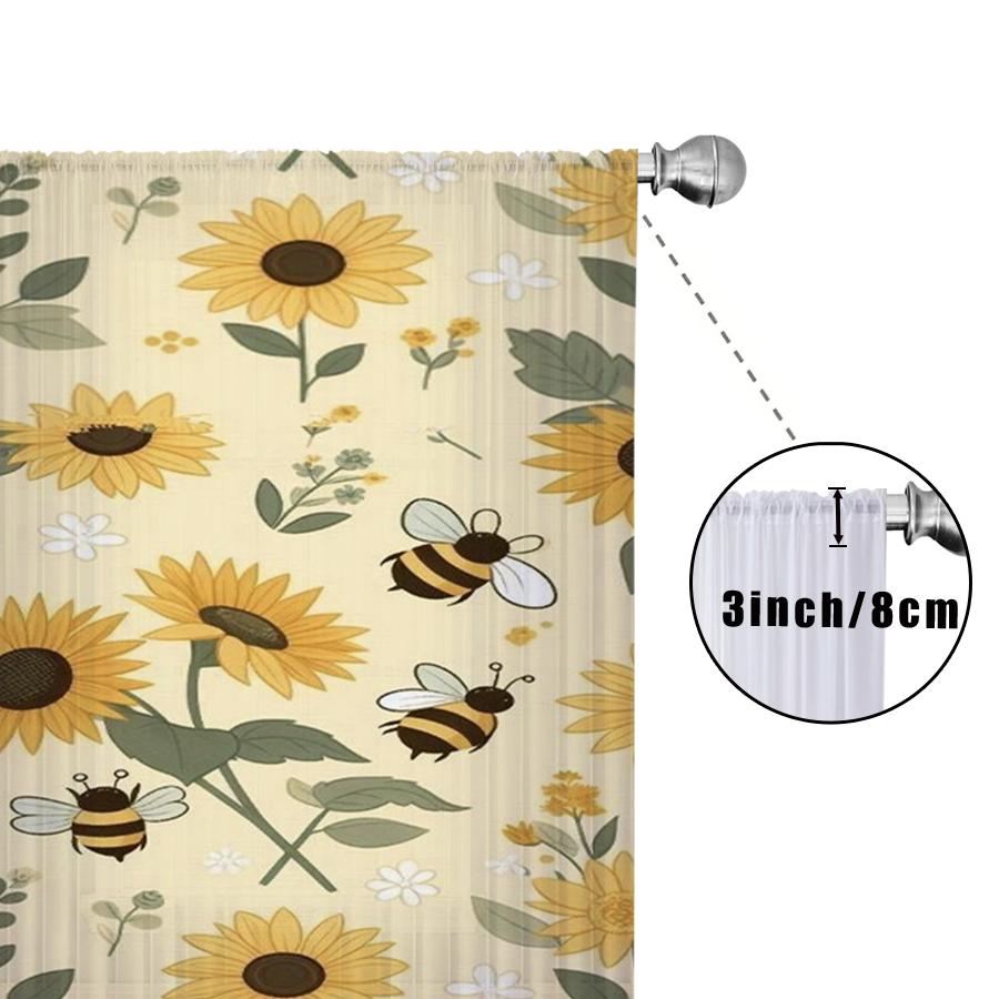 1PC Sheer Curtain Sunflower Bee Cartoon Yellow Print, Rod Pocket Window Curtain for Living Room Bedroom Kids Decor