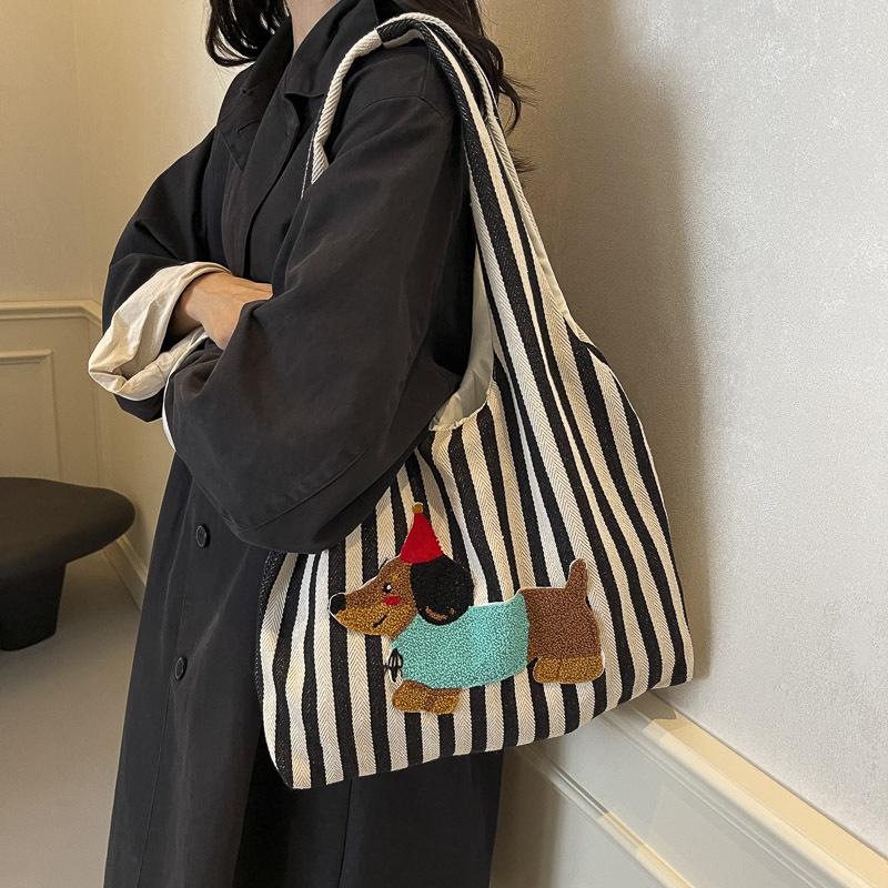 Cute Cartoon Embroidered Puppy Shoulder Bag Fashion Striped Canvas Hand-Held Underarm Bag Large Capacity Commuter Tote Bag