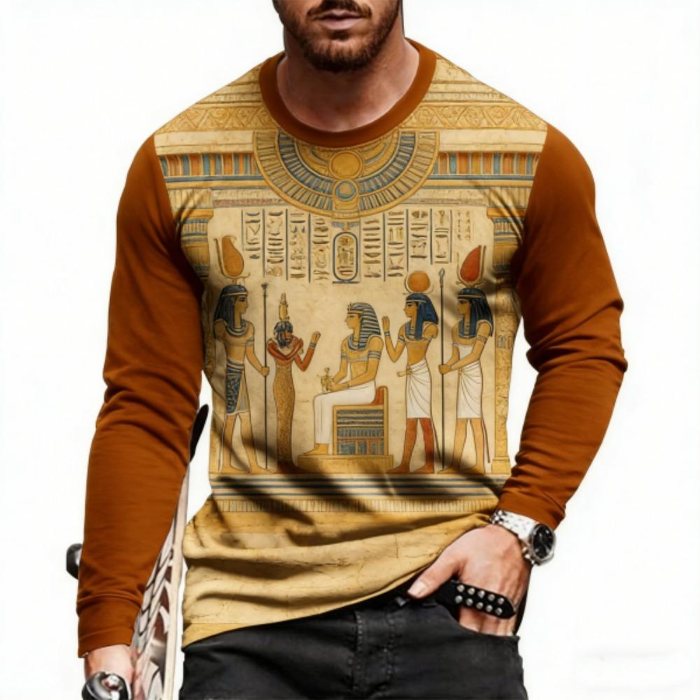 Spring Europe America Men's T-shirt Fashion Hieroglyphs Print Pullover Comfortable Men's Long Sleeve T-shirt Outdoor Oversized Tees Top
