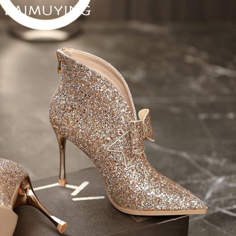 Bow Bling Women Ankle Boots Pointed Toe High Heels Elegant Shoes 2025 Trend Winter Fad Dress Pumps Designer Goth Botas De Mujer