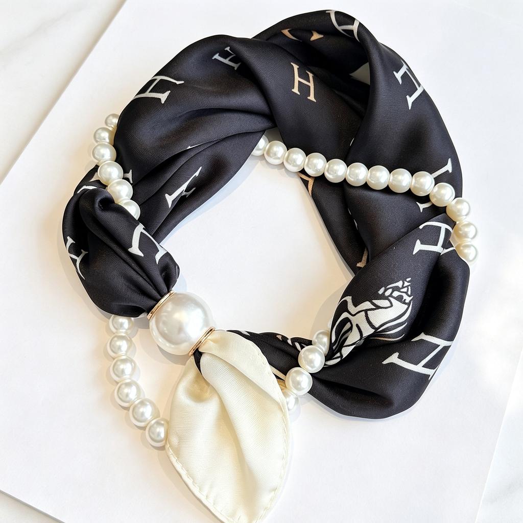 Popular Magnetic Buckle Pearl Necklace Silk Scarf Classic Striped Design Small Scarf Women's Protection Collar Anti-sun Thin Scarf