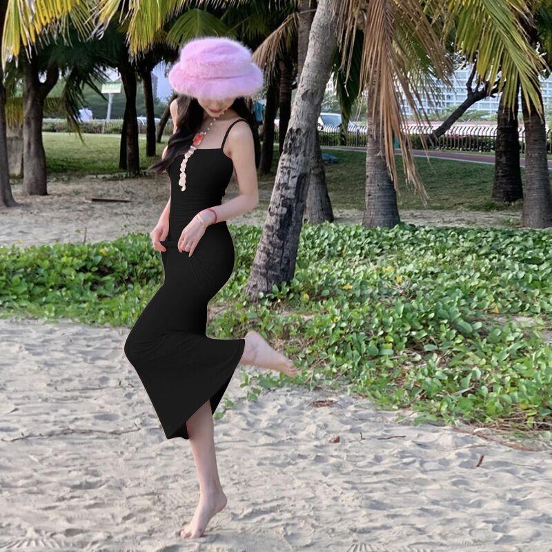 

Strappy Neckline Halter Waist Midi Dress off-Neck Sling Backless Dress Black L