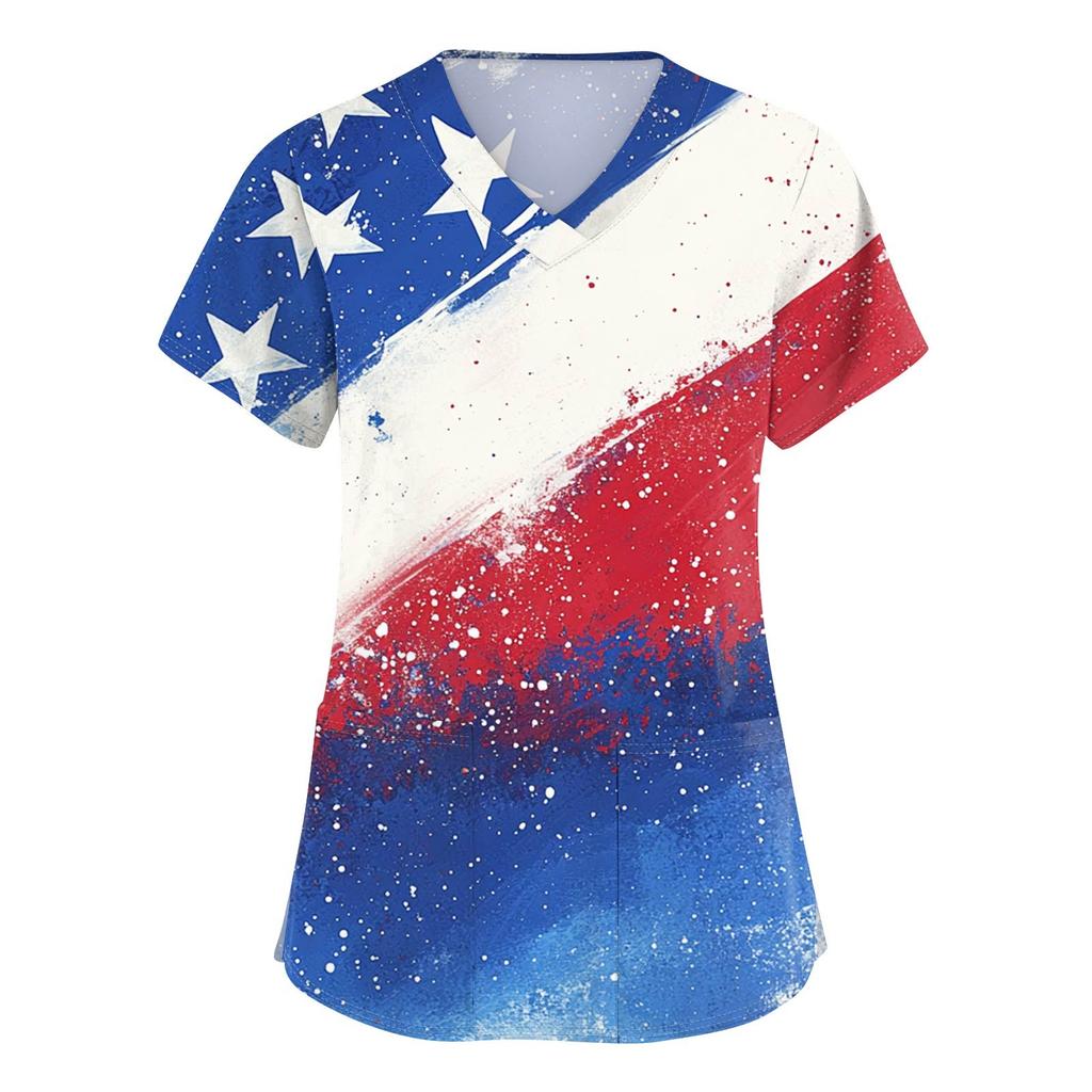 Women's Short Sleeve Independence Day Printed V-Neck Pocket Workwear Top