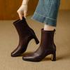 French retro square head high-heeled short boots women's autumn new rear zipper soft leather fashion temperament versatile commuter Martin boots