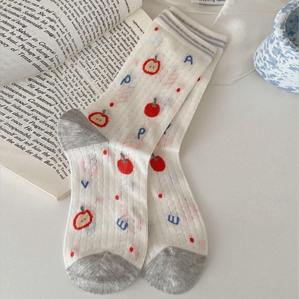 

2Pairs Dog Cartoon Cotton Socks Cute Summer Tube Socks Elastic Mid-calf Socks Women Summer White Fruits