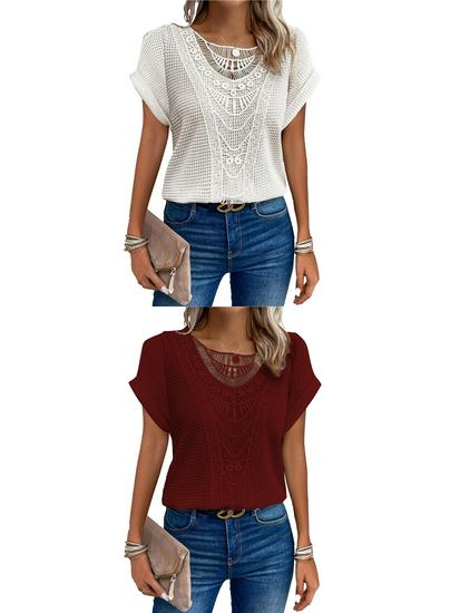 2026 Spring/Summer Women’s Lace Patchwork Short Sleeve T-shirt