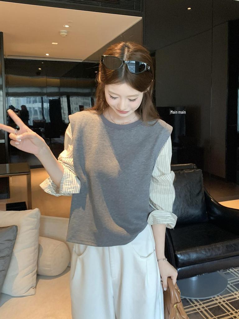 Autumn Women's Casual Korean Striped Two-Piece Design Shirt - Versatile and Loose Fit