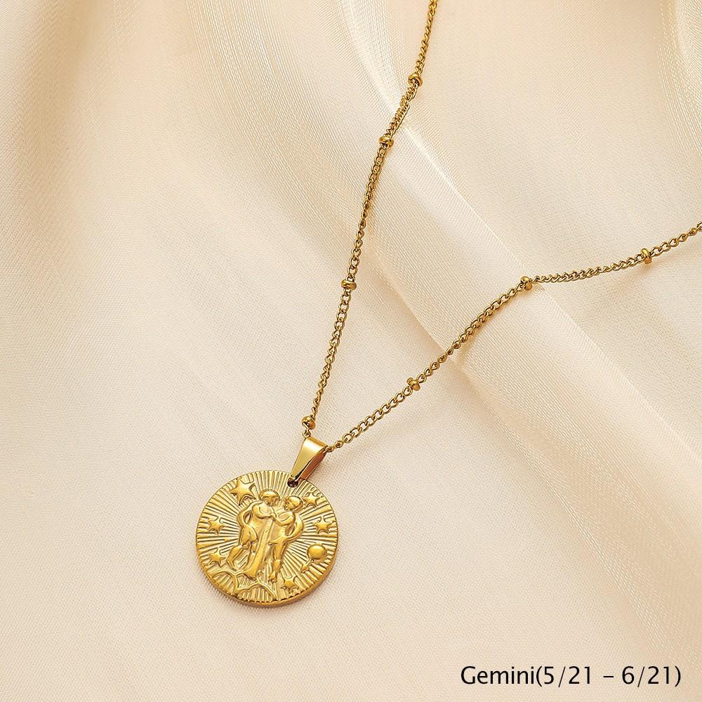 ALTERA Klassische 12 Sternzeichen Runde Münze Anhänger Halskette Edelstahl Tierkreis Halskette für Damen Herren Zirkon Geburtstagsgeschenk