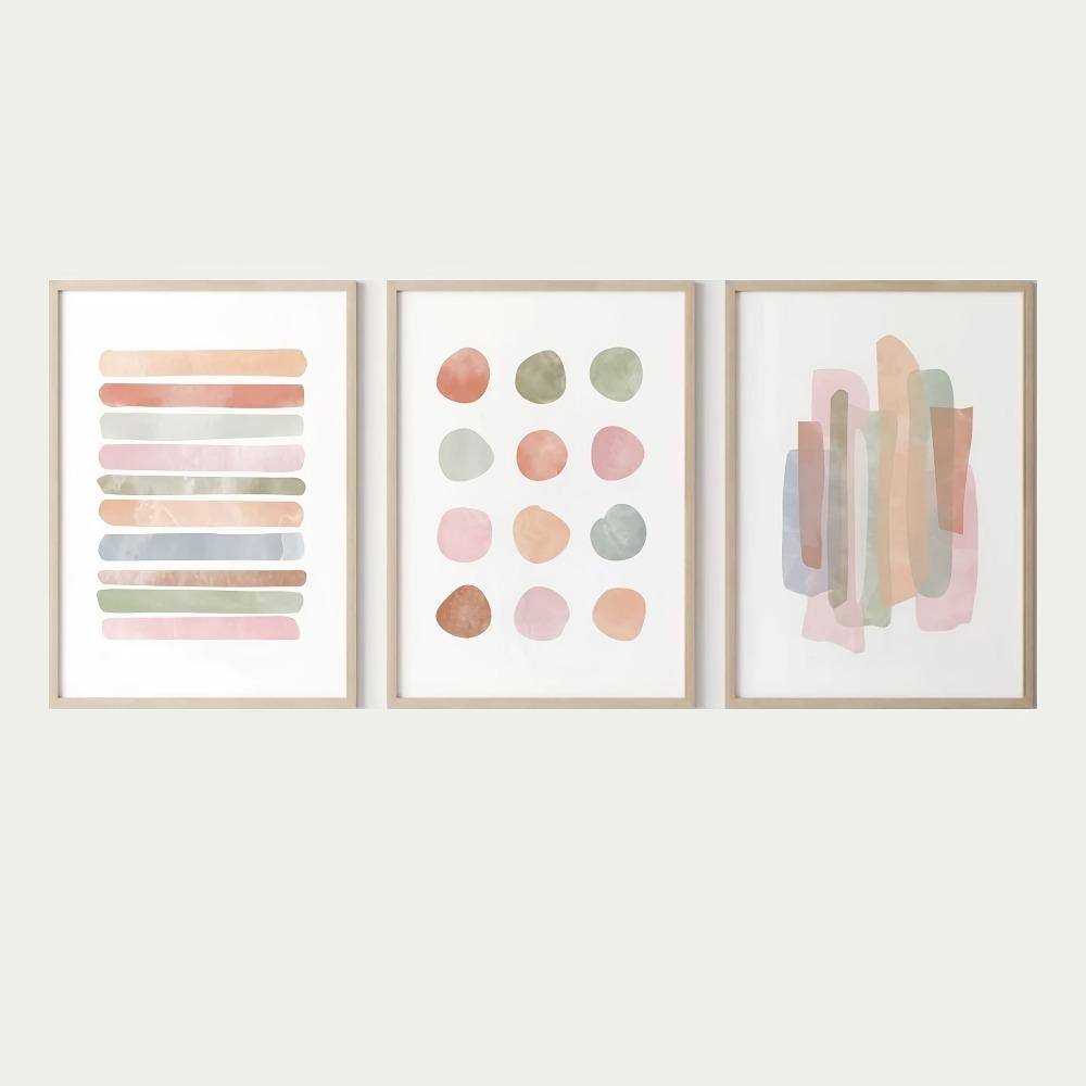 3pcs Frameless Modern Abstract Wall Art,Beige Minimalism and Polka Dot Stripe,Pastel Canvas Printing Chic Living Room Wall Decor
