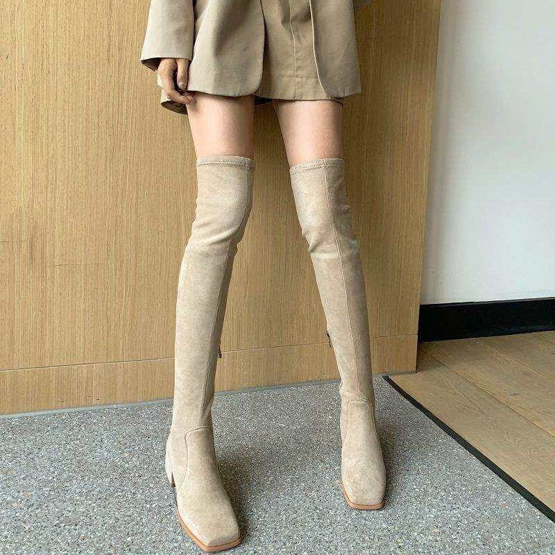 Boots women over the knee 2025 autumn and winter new women's boots square head small elastic long tube thin winter boots velvet