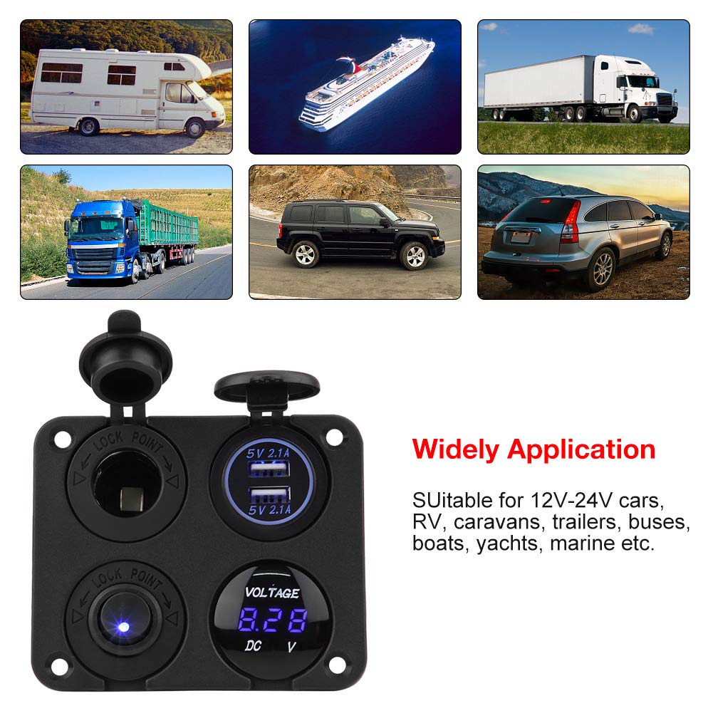 Keenso DC12/24V 4-Way Waterproof Switch Panel with LED Light, ON/OFF Toggle, 4.2A USB Socket, Voltmeter, and Cigarette Lighter (Blue Light) for Marine