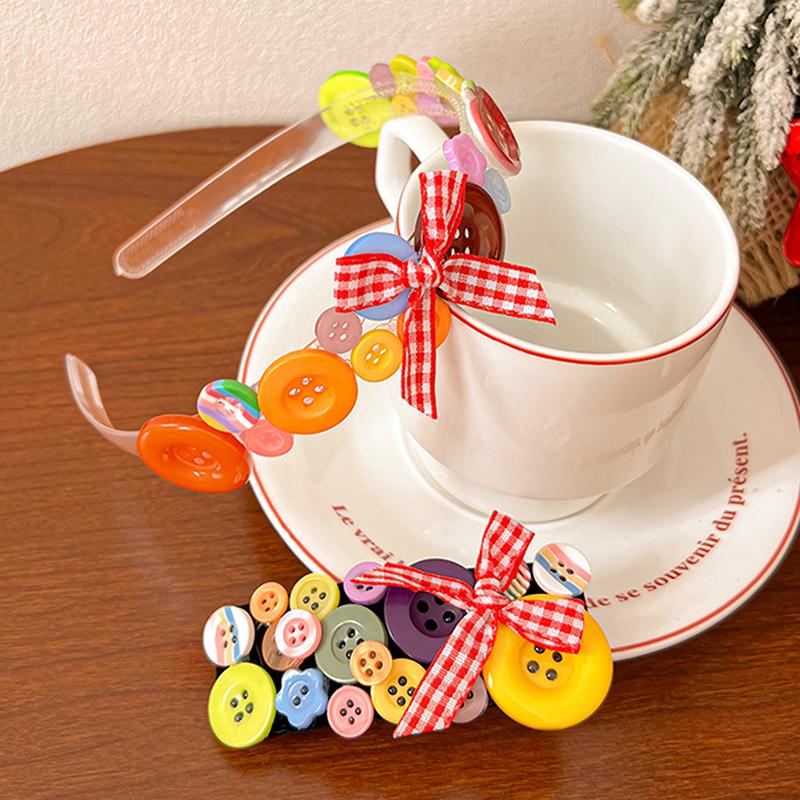 Dopamine Colored Button Headband Headwear Childishness Hairband Face Washing Bow Hair Hoop Sweet  Hair Clip Gifts