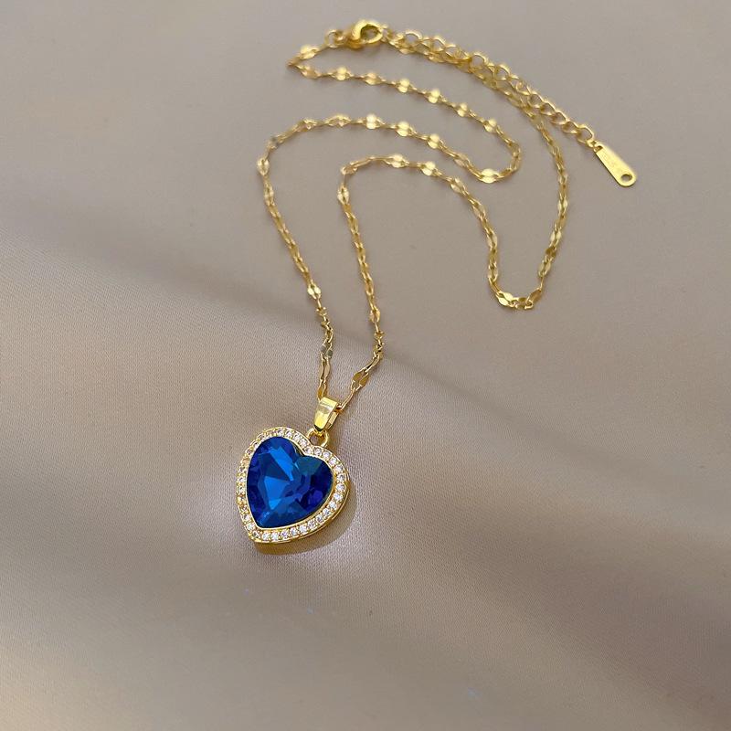 Women's 316L Stainless Steel Heart-Shaped Pendant Necklace with Big Blue Zircon Fashion Clavicle Chain Zircon Gift for Girls