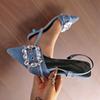 New Summer Fine Heels Women's Shoes Elegant Rhinestone Pointed Denim Mixed with High Heels Sandals High Heels Women's Pumps