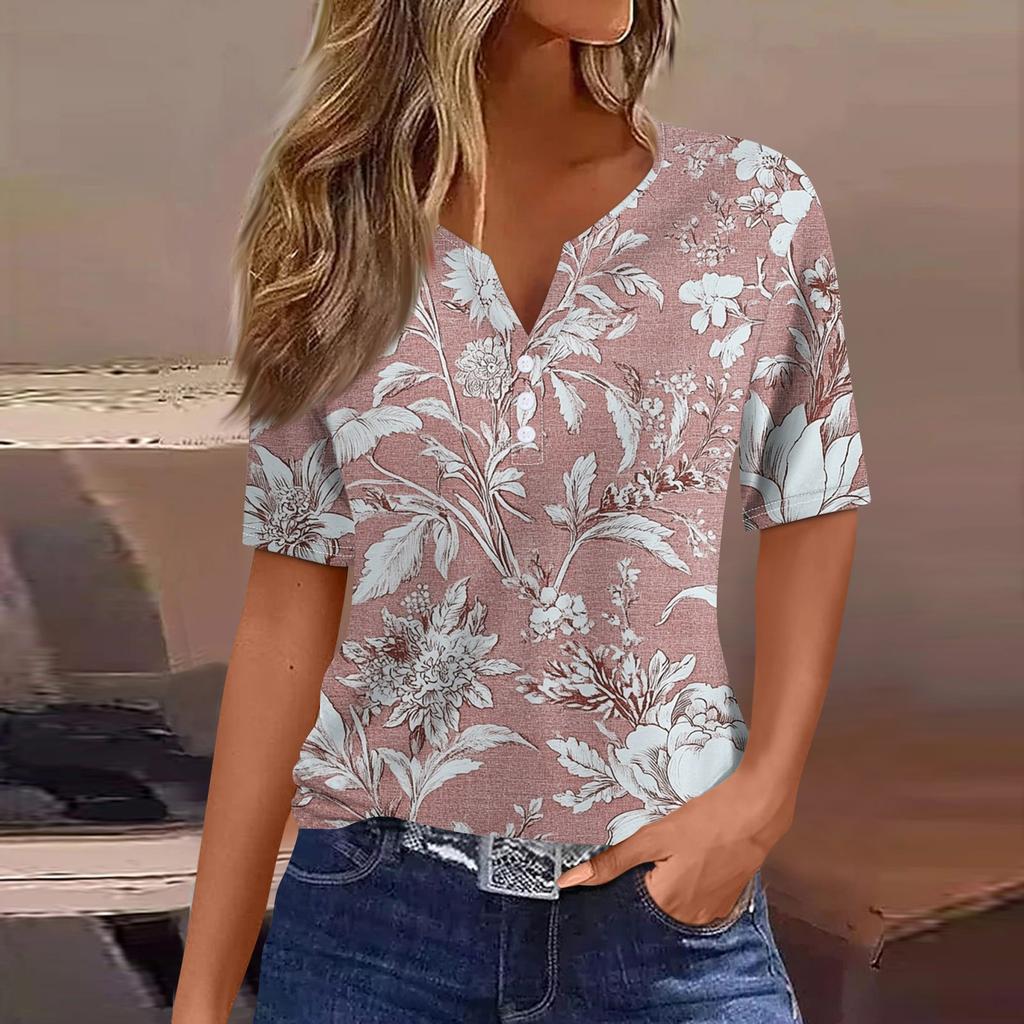 Women's T Shirt Tee Print Button Short Sleeve Daily Weekend Fashion Basic V- Neck Regular Top