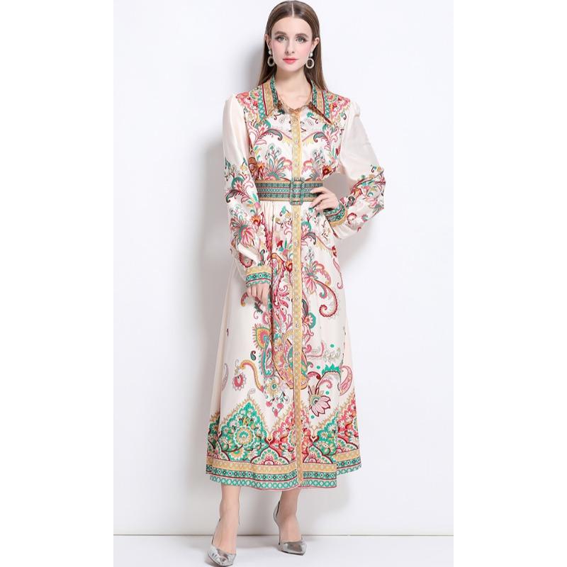 Spring Autumn Women Vintage Designer Print Runway Dresses Turn-down Collar Single Breasted Long Maxi Party Shirt Dress With Belt