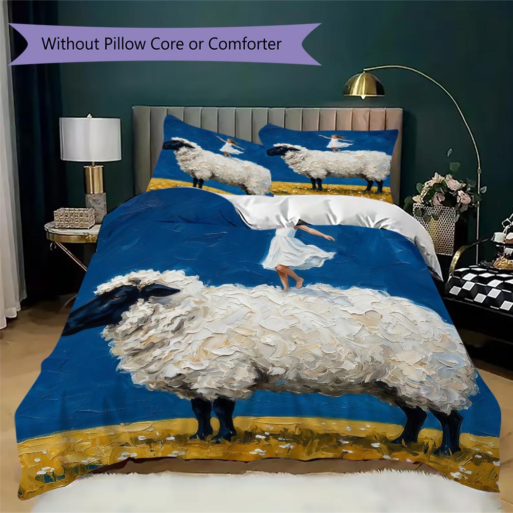 Rural Story Sheep Pattern Bedding Uilt Set Uilt Cover Pillowcase Home Decoration Birthday Gift (1 * Duvet Cover + 2 * Pillowcase Without Core)