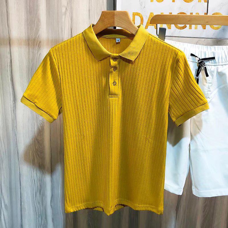 Men's Casual Retro Striped Polo Shirt: Short-Sleeved, Solid Color, Versatile Knitted Lapel T-Shirt