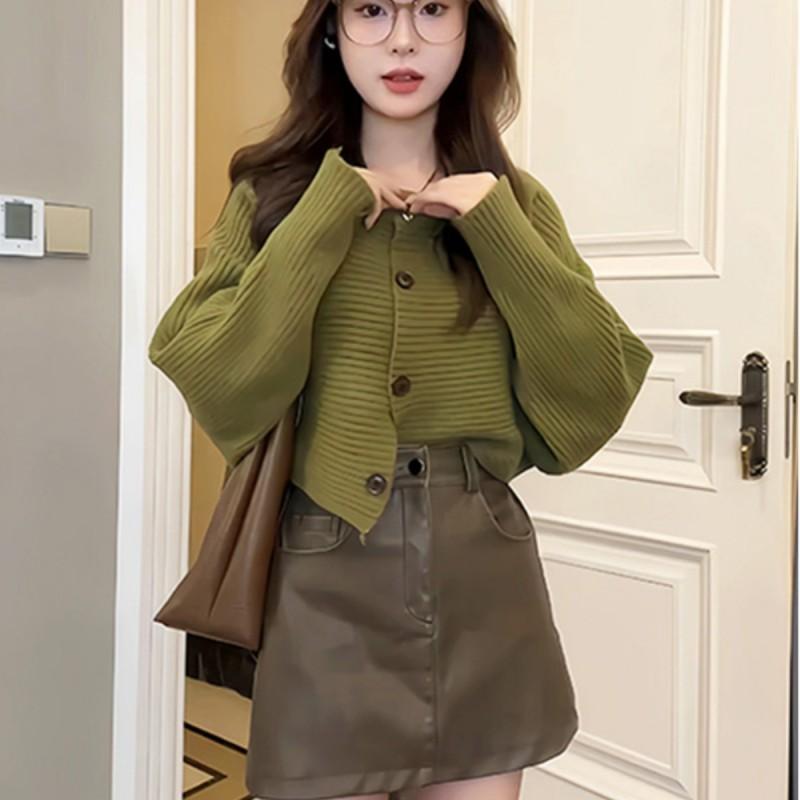 Short Knit Cardigan Women Loose Fit Round Neck Long Sleeve 80-140 Lbs