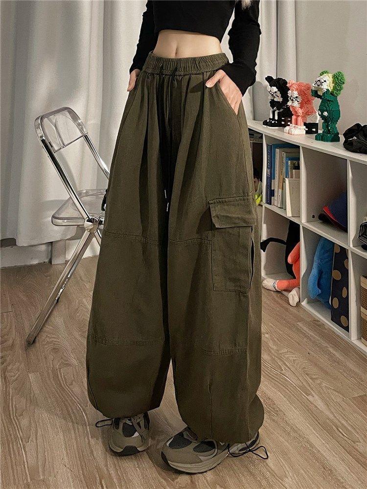 Women's Retro Wide-Leg Drawstring Cargo Pants - Multi-Pocket, Floor-Length, Casual Sport, Spring & Autumn.