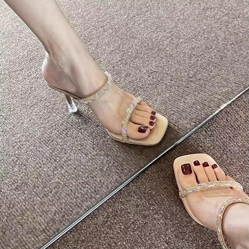 Rhinestone Word with Open-toed Sandals High Heels Women's Stiletto Temperament Socialite Slippers