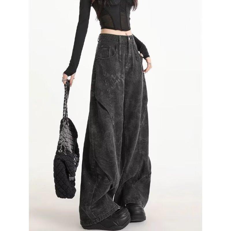 Black printed tooling jeans women's autumn new niche design high waist loose deconstruction scimitar wide leg pants