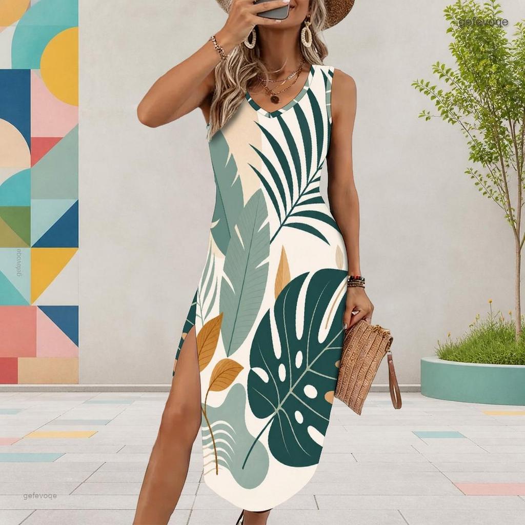 Women Plus Size Sleeveless U Neck Tropical Leaf Printed Dress High Side Slit Curved Hem