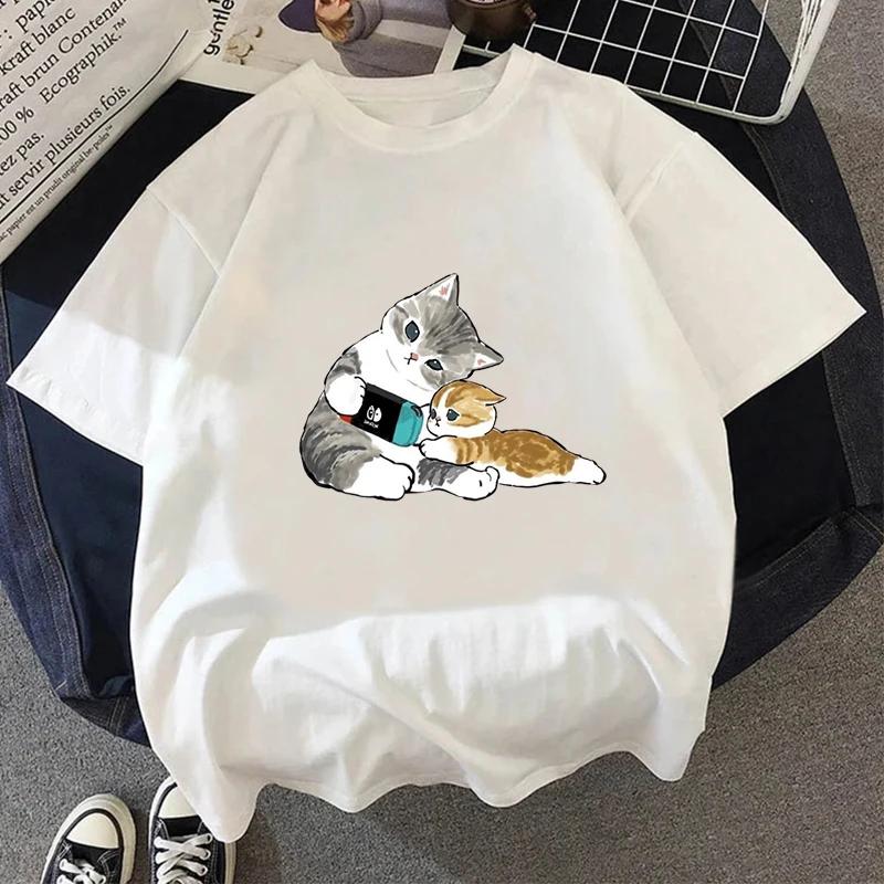 Kawaii Cat Women Print Funny T-shirt Girl Animal Y2K Fashion 90S Print Tops Tee Gril Black White Clothes Drop Ship T-Shirts Women’s