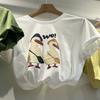 Damen Grünes Cartoon-Enten-Print-T-Shirt Kurzarm Lässiger Lockere Passform Sommer Oberteil