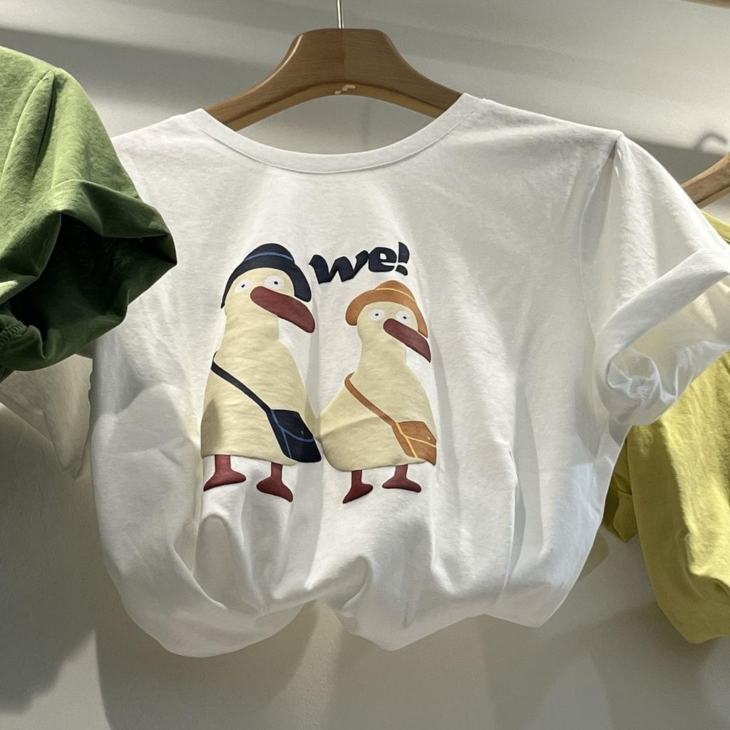 Damen Grünes Cartoon-Enten-Print-T-Shirt Kurzarm Lässiger Lockere Passform Sommer Oberteil